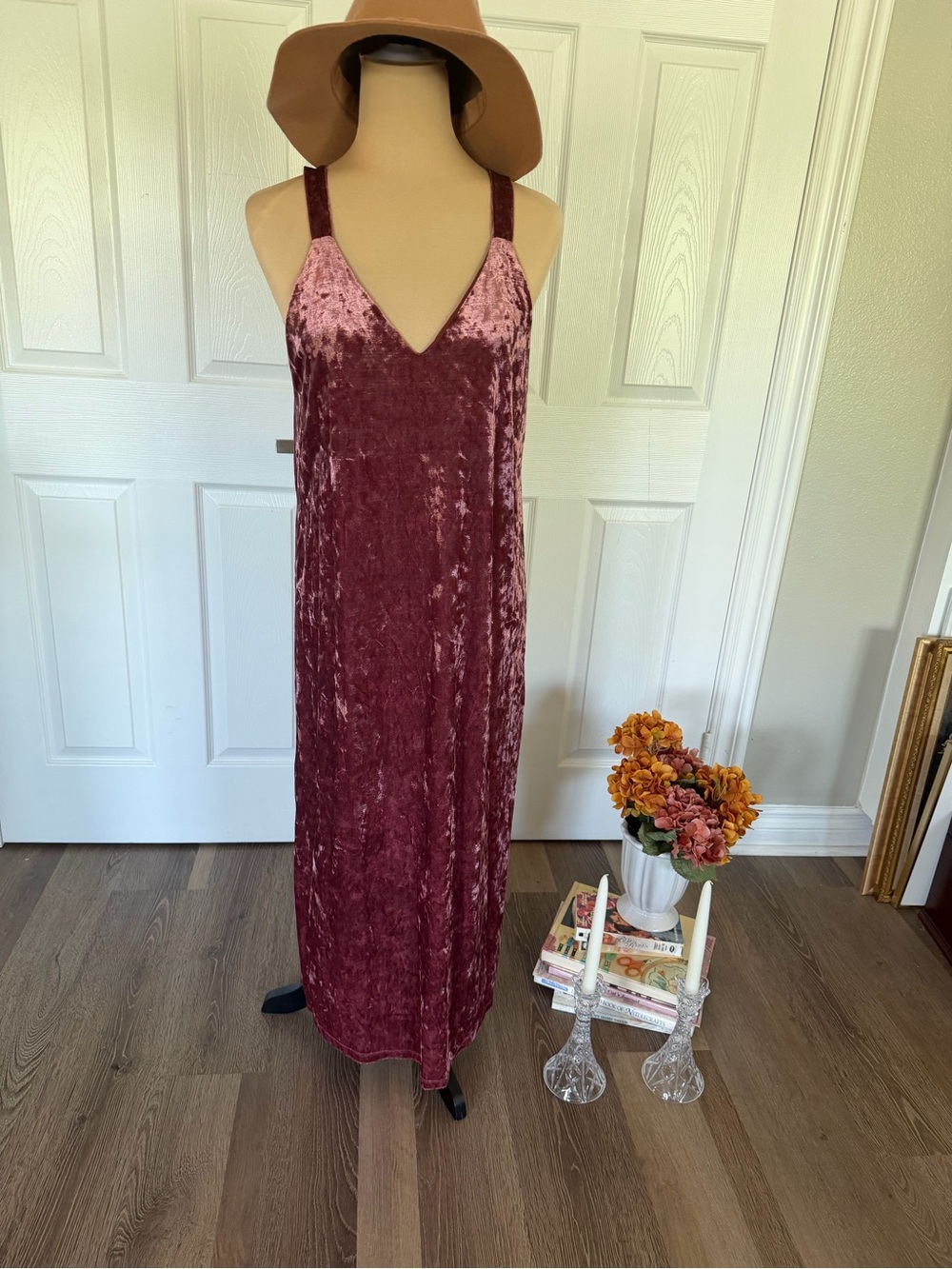 Dusty Rose Burgundy Velvet Maxi Dress